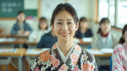 Japanese female teacher smiling at the camera, wearing a traditional kimono with floral patterns, standing inside a vibrant classroom filled with kids sitting on colorful chairs.