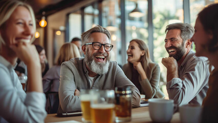 Lighthearted Moments: Colleagues Enjoying Laughter and Drinks After Work in Café