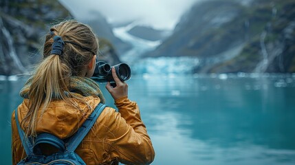 A young girl looks through tourist binoculars toward a fjord in Alaska