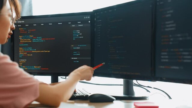 Back end software developer engineer for computer programming working together on debugging writing computing code, solving complex algorithms display on monitor in office. Burgeoning