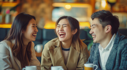 Heartwarming Laughter Amongst Close Asian Friends in a Trendy Café