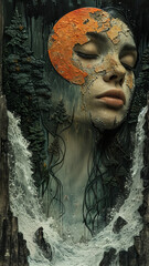 an woman as Earth , half of her face depicts nature, water falls, forests , sky, Sun and Moon,generative ai