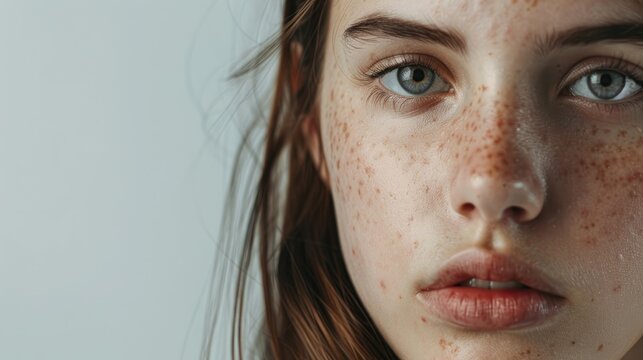 Close up image of a young female with acne issues on a light grey backdrop