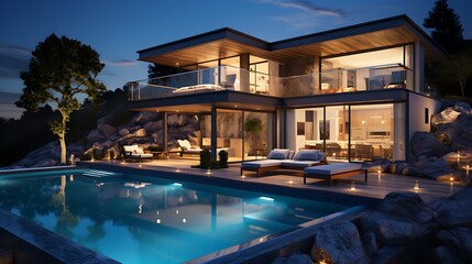 Fototapeta na wymiar Luxury House With Swimming Pool At Night 