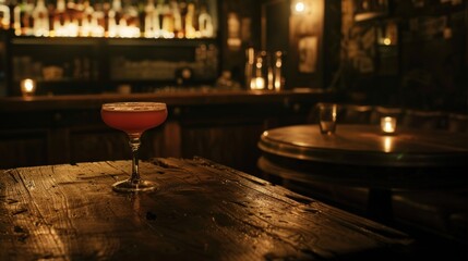 Wooden table in a dark speakeasy