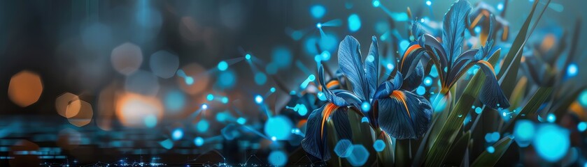 A sophisticated array of irises and lilies in the holographic advertisement offers a touch of elegance, captivating the audience, viewed closeup