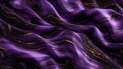 Luxurious purple silk featuring an abstract pattern of golden flecks and black swirls suggesting a night sky
