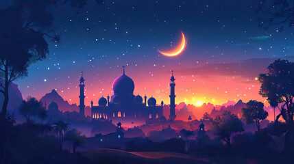 Obraz premium night time illustration around a Muslim place of worship or mosque 3 AI Generative