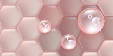 Hyaluronic acid and Niacinamide hair and skin solutions ad, pink collagen serum drops into skin cell with cosmetic advertising background ready to use, illustration vector.