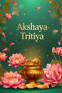  illustration of Akshaya Tritiya celebration with a golden kalash, gold coins on decorated background.Vector