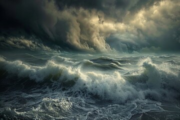 A dramatic seascape with crashing waves and a stormy sky, capturing the raw power and beauty of nature - obrazy, fototapety, plakaty