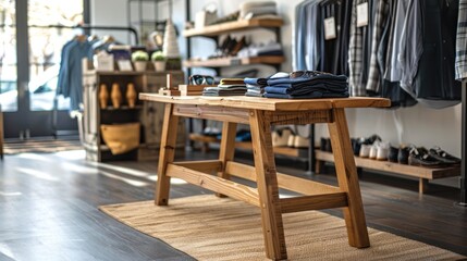 Contemporary wooden table in a boutique clothing store