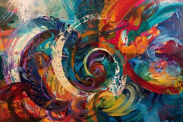 A dynamic abstract painting with swirling patterns and vibrant colors, evoking a sense of energy and movement