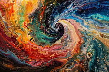 A dynamic abstract painting with swirling patterns and vibrant colors, evoking a sense of energy and movement