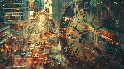 Vintage Clock Face Fused with City Street in Abstract Double Exposure Artwork. - obrazy, fototapety, plakaty