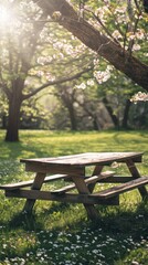Naklejka premium A simple wooden picnic table in a sunny park surrounded by green grass and blooming flowers