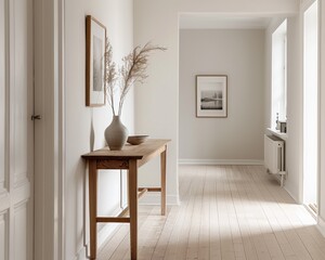 A narrow wooden console table in a hallway minimalist in design