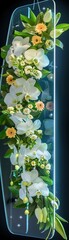 In the holographic display, a cascade of roses and orchids forms a stunning backdrop for the product, enhancing its appeal with natural beauty, seen closeup