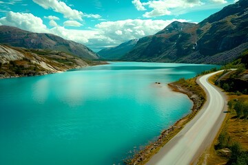 Turquoise lake nestled between mountains with winding road. Peaceful nature scene. Landscape photography. Vibrant colors. Generative AI