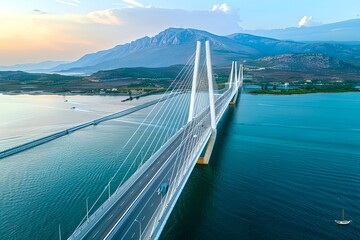 Aerial view of a modern cable-stayed bridge over tranquil waters at sunset. Clear sky and infrastructure. Concept of connection. Generative AI - obrazy, fototapety, plakaty