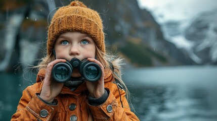 A young girl looks through tourist binoculars toward a fjord in Alaska