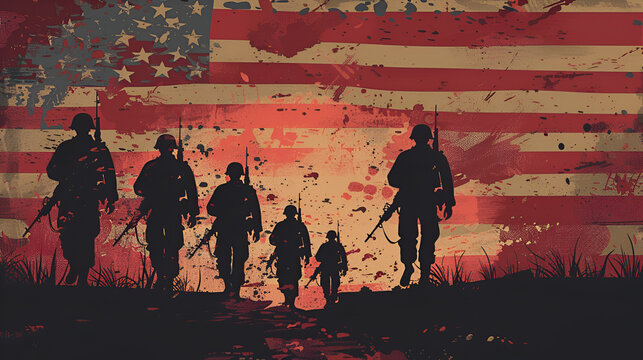 Illustration of American flag backdrop with soldiers walking silhouette, Generative AI