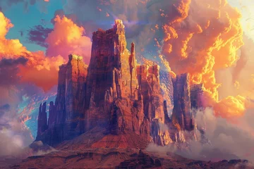 Foto op Plexiglas A surreal landscape with towering rock formations and a vividly colored sky, capturing the imagination with its otherworldly beauty © wpw