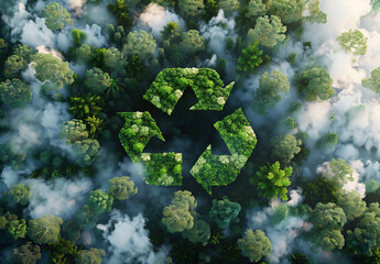 Aerial view of recycle symbol in forest with clouds accenting a perfectly recycle symbol, sustainability and earth's natural cycle