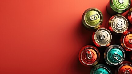 Top view of energy drink cans on a red background with room for text - obrazy, fototapety, plakaty