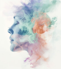 Blending double exposure a beautiful woman face profile with watercolor.
- 786805896