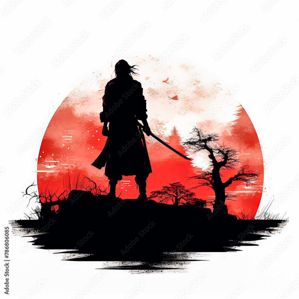 Poster a man in black is holding a sword and standing in front of a red circle.
