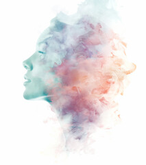Blending double exposure a beautiful woman face profile with watercolor.
- 786806053