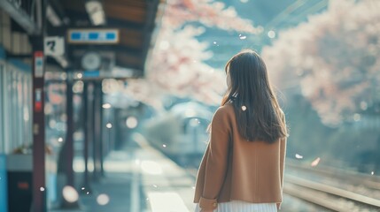 Spring Serenity: Young Asian Woman Waiting at Rural Railway Platform with Sakura Tree - obrazy, fototapety, plakaty