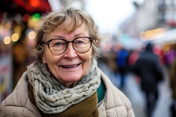 Portrait of senior woman with eyeglasses at christmas market