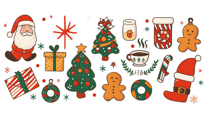 メリークリスマス、そしてハッピーニューイヤー。サンタ クロース、クリスマス ツリー、ギフト、ココア、コーヒー、トレンディなレトロな漫画スタイルのジンジャーブレッド。漫画のキャラクターと要素のステッカー パック。