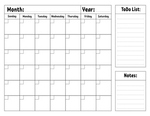 Blank calendar template for one month without dates. Colorful design with a cute character. Vector illustration.