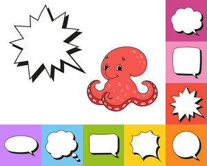 Speech bubble of different shape. With a cute cartoon character. Hand drawn. Thinking balloons. Isolated on white background. Vector illustration.