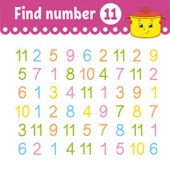 Find number. Education developing worksheet. Activity page with pictures. Game for children. Funny character. cartoon style. Vector illustration.