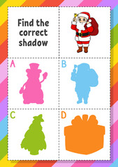 Fototapeta premium Find the correct shadow. Education developing worksheet for kids. Puzzle game. Activity page. cartoon character. Vector illustration.