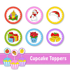 Cupcake Toppers. Set of six round pictures. cartoon characters. Cute image. For birthday, baby shower. Isolated on white background. Vector illustration.
