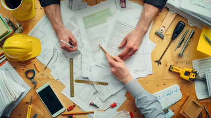 desk with piles of paperwork and typical construction tools, hands of the worker doing paperwork,generative ai