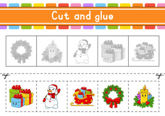 Naklejka premium Cut and play. Paper game with glue. Flash cards. Education worksheet. Activity page. Scissors practice. Vector illustration.