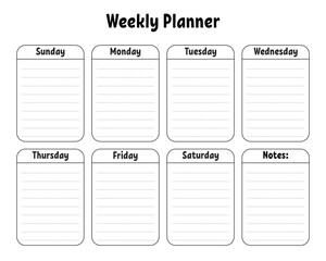 Weekly planner. Bright colorful blank printable template. Vector illustration.