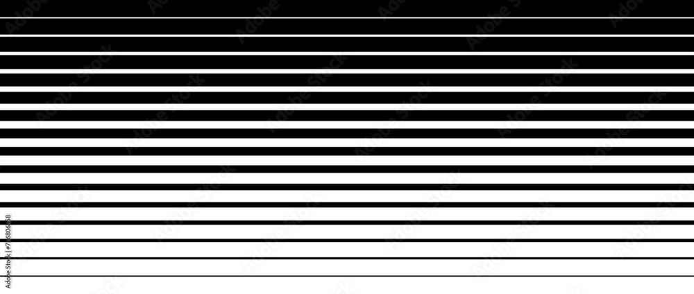 Poster Line halftone gradation texture. Faded horizontal stripe gradient background. Repeating pattern backdrop. Black parallel thin to thick stripe backdrop for overlay, print, cover, graphic design. Vector