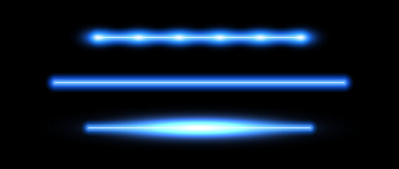 Blue neon tube lamp set. Glowing led light line beam collection. Bright luminous fluorescent bar stick lines. Shining cold color strip element pack to divide, separate, decorate. Vector illustration