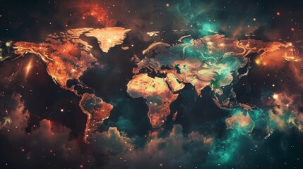 Mystical Interplay: World Map Fused with Swirling Galaxies.