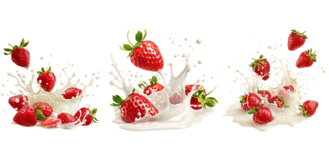 Set of strawberry fall into milk, isolated on transparent background
