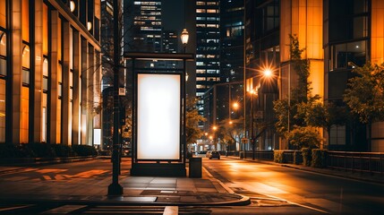 A large white empty billboard sits on a city street at night. Concept of emptiness and quietness - obrazy, fototapety, plakaty