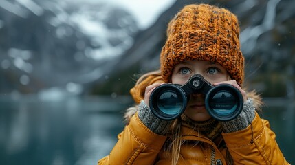 Fototapeta premium A young girl looks through tourist binoculars toward a fjord in Alaska