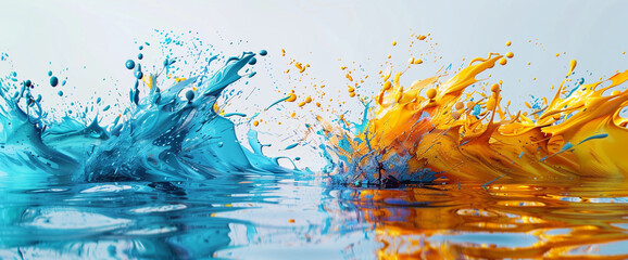On a blank surface, splatters of cerulean blue and radiant yellow intermingle, creating